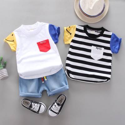 Children's suit for boys, round neck striped color matching T-shirt, short sleeve denim cotton shorts, summer casual two-piece suit
