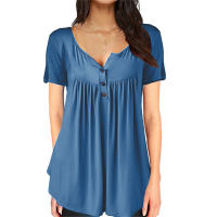 Women's smocked buttoned loose short-sleeved T-shirt top  Light Blue