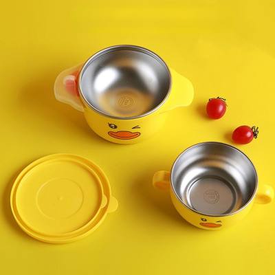 Vaisselle en acier inoxydable 304 petit canard jaune pour enfants, dessin animé pour nouveau-né, anti-chute, pas chaud avec poignée, bol à soupe