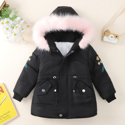 Toddler Girl  Solid Color Embroidered  Style Hooded Zipper Cotton-padded Jacket