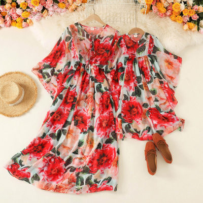 Elegant Floral Print Round Collar Long Dress for Mom and Me