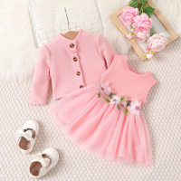 Cross-border INS baby girl spring and autumn style waist flower design vest splicing mesh dress jacket  Pink