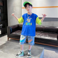 Children's clothing cartoon pattern summer suits for middle and large children short-sleeved jeans two-piece suits trendy handsome boys  Blue