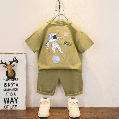 Children's clothing children's suit boys and girls children's solid color little astronaut pocket shirt short-sleeved shorts summer trend two-piece suit