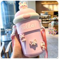 Cartoon strap water cup for girls with large capacity and cute straw cup  Pink