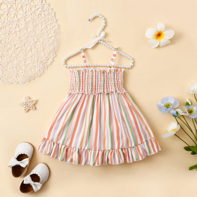 Baby Girl Vertical Stripes Ruffle Pleats Decor Suspender Dress