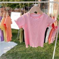 Camiseta de verão para meninas, vestido de verão sem mangas com renda, borda com babados, top infantil pequeno e médio  Rosa