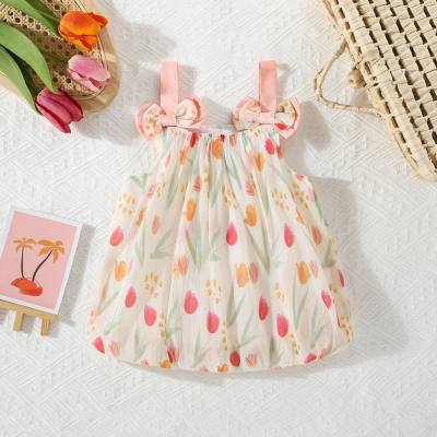 Nuevos vestidos con tirantes de dos lazos para niñas de verano, vestidos con tirantes de princesa con estampado de tulipanes para niñas