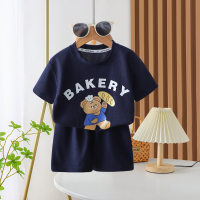 Short-sleeved suits summer new waffle boys and girls casual  Navy Blue