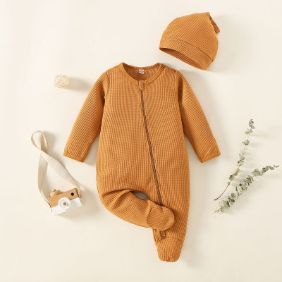 2-piece Baby Waffle Solid Color Footed Zip-up Long-sleeved Long-leg Romper & Infant Hat