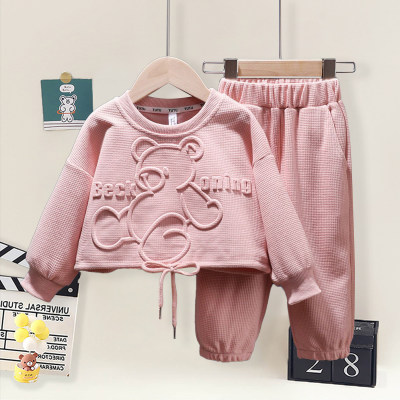 2-piece Toddler Girl Solid Color Bear and Letter Embossing Long Sleeve T-shirt & Pants