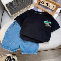 Boys summer short-sleeved suit 2024 new style baby cartoon summer clothes children's summer short-sleeved two-piece suit  Black
