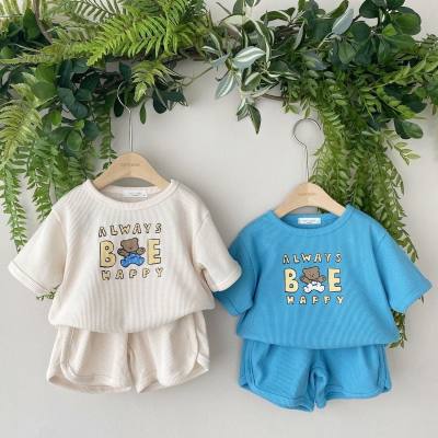 Korean style boys and girls infant pure cotton waffle suit ins summer sling crawler T-shirt + pants two-piece set trendy