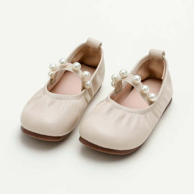 Kid Girl Solid Color Pearl Decoration Leather Shoes