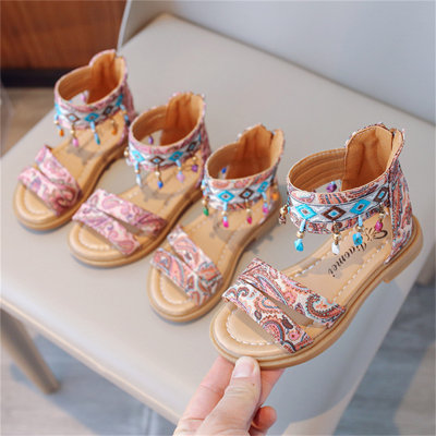 Children's colorful embroidered tassel Velcro sandals