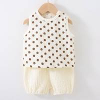 2024 Simple Japanese and Korean summer vest shorts suit air-conditioned shirt top sleeveless polka-dot cotton and linen baby slingback  Beige