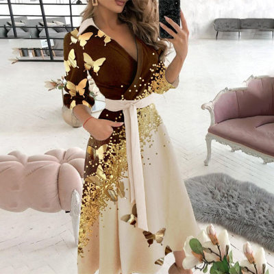 Vestido feminino elegante com estampa de borboleta e estrela