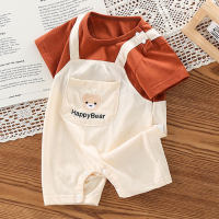 New summer baby romper fashionable fake two-piece suspender jumpsuit super cute cartoon bear short-sleeved crawling clothes  White