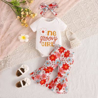 European and American summer girls short-sleeved letter romper flower trousers headband three-piece baby new round neck clothes trend