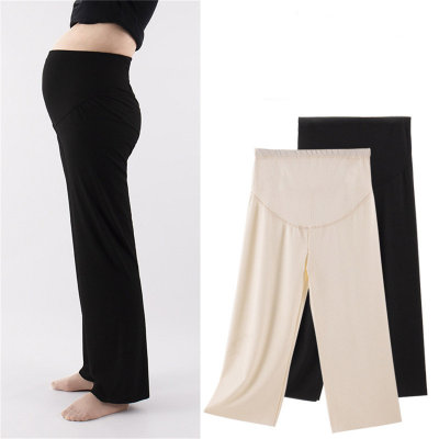 Pantalones de pierna ancha ajustables con cinturón para mujeres embarazadas de verano, pantalones gruesos de seda de hielo, versión coreana negra de primavera de pantalones casuales finos