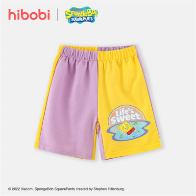 Hibobi x Bob Esponja niño niña algodón básico dibujos animados contraste color estampado letras estampado pantalones 1/2 pantalones cortos