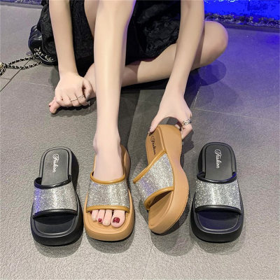 Sandalias de suela gruesa para mujer, nuevos estilos de verano, sandalias con punta abierta con nicho de lentejuelas, chanclas, zapatos informales de tacón alto