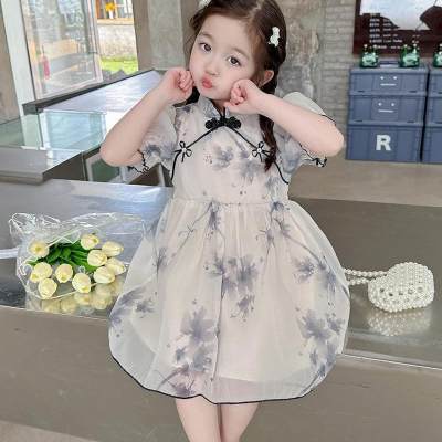Girls Dress 2024 New Suit Western Style Ancient Style Hanfu Baby Summer Ink Painting Tang Suit Two-piece Set