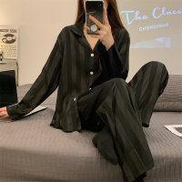 Instagram Pajamas Women's Spring and Autumn Ice Silk Long Sleeves High end New Jacquard Silk Large Home Fury Winter Set  Black