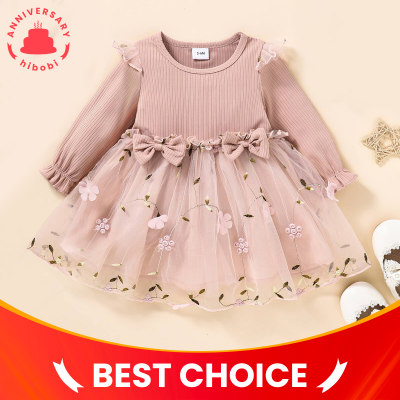Baby Floral Bowknot Decor Solid Color Lantern Sleeve Lace Mesh Dress