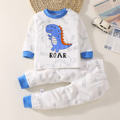 Top a maniche lunghe con stampa di lettere e dinosauri in puro cotone da bambino, 2 pezzi, e pantaloni abbinati