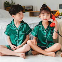 Children's pajamas short-sleeved imitation silk children's home clothes suit air-conditioned clothes summer thin cardigan  Green