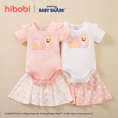 hibobi×BabyShark Baby Girl Cute Print Ruffle Short Sleeve Jumpsuit & Skirt
