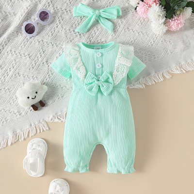 Baby Girl 2 Pieces Solid Color Ruffles Bow-knot Short Sleeve Boxer Romper & Headband