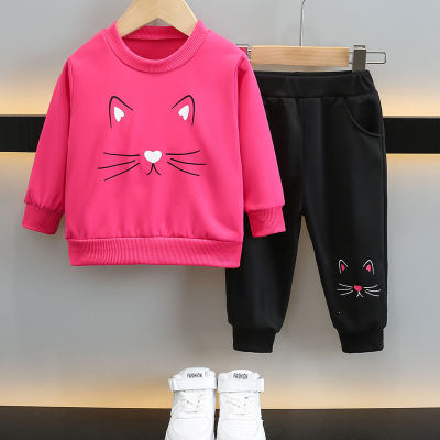 Conjunto de 2 peças para bebês meninas outono casual fofo gatinho gráfico mangas compridas tops e calças