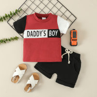 2024 new summer boys' casual sports suit color-blocked short-sleeved letter T-shirt shorts two-piece set  Red