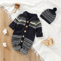 Baby Casual Stripes Pattern Long Sleeve Knitted Jumpsuit & Hat  Sapphire