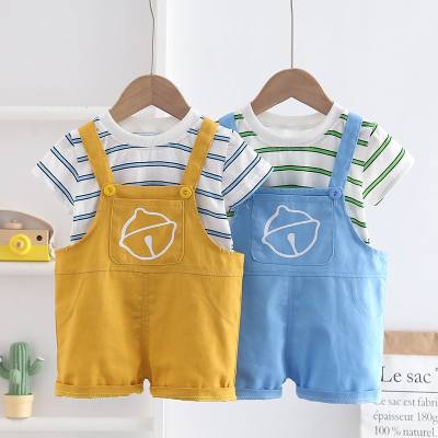 New style boys and girls round neck bell casual short-sleeved denim overalls summer solid color baby outdoor suit trendy