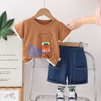 Boys summer short-sleeved two-piece suit 2024 new style children's baby handsome summer wear thin fashionable suit trendy  Coffee