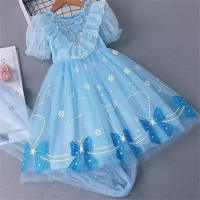 تنورة الأميرة إلسا الصيفية للفتيات فروزن فستان إلسا الصيفي بأكمام قصيرة للفتيات الصغيرات  أزرق