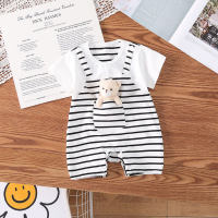Summer thin jumpsuit for boys and girls with pockets, striped suspenders, one-piece romper for outings, cartoon crawling suit  White