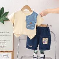 New handsome children's short-sleeved two-piece suits boys summer clothes stylish suits summer children's denim shorts clothes  Beige