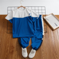 Children's fashionable mesh breathable sports suit with contrasting letters and short-sleeved trousers two-piece suit  Navy Blue