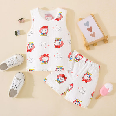 2-piece Toddler Girl Pure Cotton Allover Cartoon Printed Vest & Matching Shorts