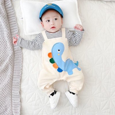 Combinaison à manches longues pour bébé garçon, motif dinosaure, rayures horizontales, blocs de couleurs