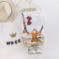 Cartoon children's suit boy's round neck short-sleeved T-shirt two-piece suit summer baby casual  White