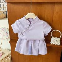 Girls fashionable short-sleeved suits summer new style little girl skirt and pants two-piece suit  Purple