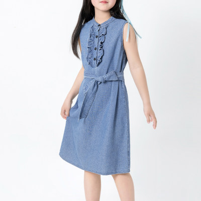 Einfarbiges, ärmelloses Denim-Kleid mit Rüschen aus reiner Baumwolle für Kinder und Mädchen