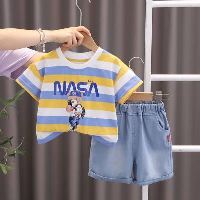 Summer outerwear for infants and young children fashionable striped selfie bear short-sleeved thin suit trendy boy summer suit