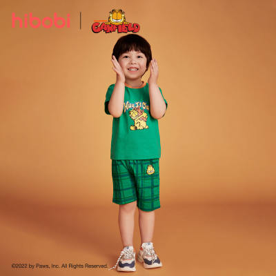hibobi x Garfield Toddler Boy Cotton Cute Cartoon Print T-shirt & Plaid Shorts Suit