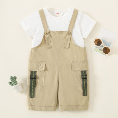 hibobi Boy Outdoor Ensemble t-shirt et pantalon à bretelles blancs pour bébé garçon